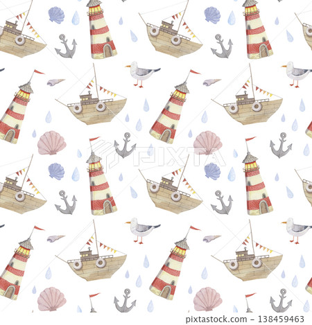 Watercolor seamless pattern with lighthouse and ship Watercolor seamless pattern with lighthouse and ship 138459463