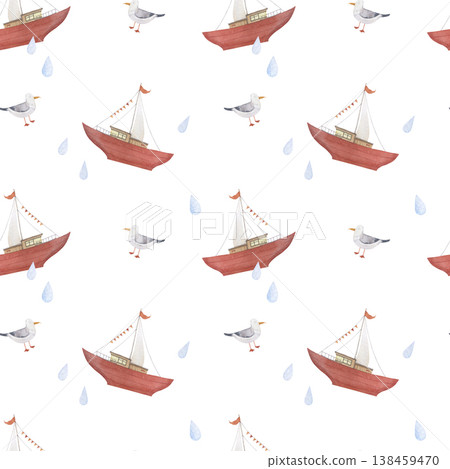 Watercolor seamless pattern with red sailboat and seagull Watercolor seamless pattern with red sailboat and seagull 138459470