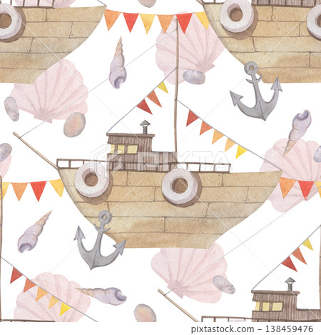 Watercolor seamless pattern with a ship and shells Watercolor seamless pattern with a ship and shells 138459476