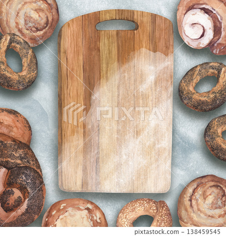 A frame of watercolor illustrations of baking ingredients and kitchen utensils 138459545