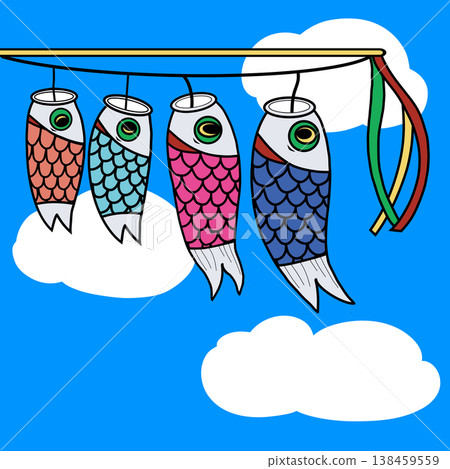 A cute, round family of four carp streamers are displayed horizontally in the sky / Children's Day 138459559