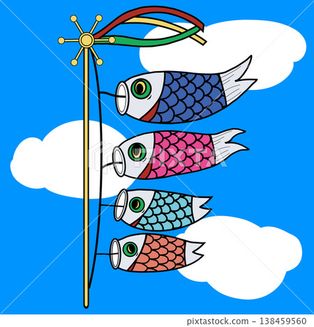 背景圖片中四條鯉魚彩帶在空中垂直遊動，非常適合兒童節。 138459560