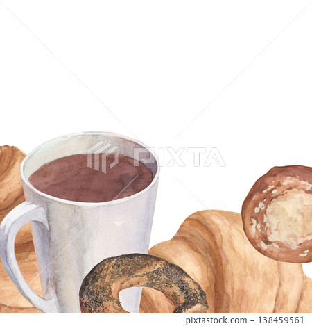 Watercolor frame with croissant, bagel and cup of tea 138459561