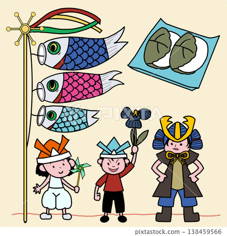 A set of illustrations depicting children decorating with carp streamers, wearing samurai helmets, carrying irises to ward off evil spirits, and looking forward to eating kashiwa mochi on Children's Day. 138459566