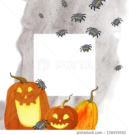 Square watercolor frame with funny pumpkins and spiders 138459582