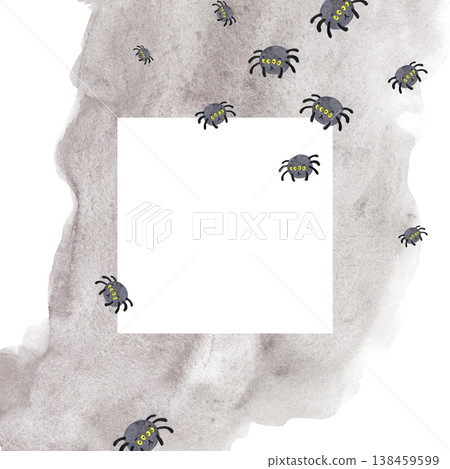 Square frame made of watercolor blot with funny little spiders 138459599