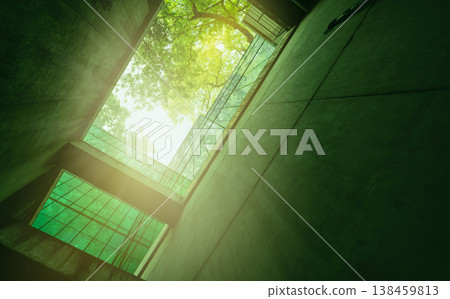 Eco-friendly building in the modern city. Sustainable glass office building with tree for reducing heat and carbon dioxide. Office building with green environment. Corporate building reduce CO2. Eco-friendly building in the modern city. Sustainable glass office building with tree for reducing heat and carbon dioxide. Office building with green environment. Corporate building reduce CO2. 138459813
