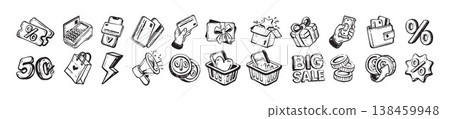 Shopping sale doodle icon, hand drawn discount e-commerce sign, business money minimal web logo.  138459948
