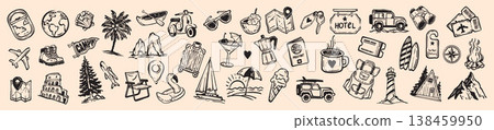 Summer travel doodle icon set, hand drawn holiday vacation illustration, weekend adventure print. Summer travel doodle icon set, hand drawn holiday vacation illustration, weekend adventure print. 138459950