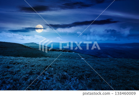nature scenery with alpine meadow at night. carpathian mountain landscape during summertime. full moon over stunning view of rolling hills. dark sky. mysterious highland background for freedom concept nature scenery with alpine meadow at night. carpathian mountain landscape during summertime. full moon over stunning view of rolling hills. dark sky. mysterious highland background for freedom concept 138460009