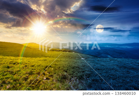 day meet night. nature scenery with alpine meadow. sun and moon over mountain landscape during summertime. stunning view of rolling hills. epic sky. highland background for astrology harmony wallpaper day meet night. nature scenery with alpine meadow. sun and moon over mountain landscape during summertime. stunning view of rolling hills. epic sky. highland background for astrology harmony wallpaper 138460010