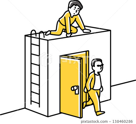 A man watches from above as people come out of the door. 138460286