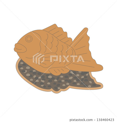 鯛魚燒（魚形蛋糕）切開後露出紅豆餡。可愛、簡潔、透明的日式甜點插圖。 138460423