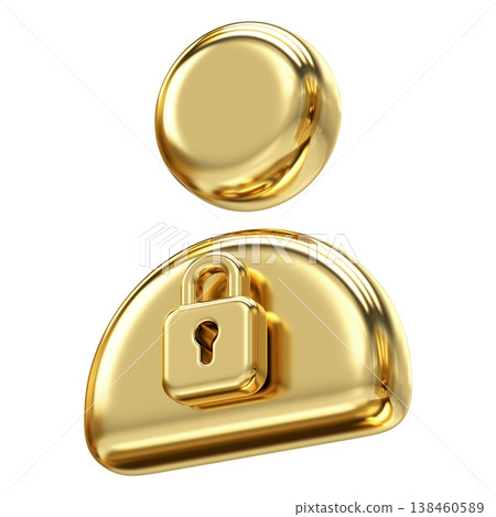 Elegant 3D golden user icon with padlock symbol representing account security and privacy, Sophisticated glossy metallic design for secure login, data protection, and restricted access. Elegant 3D golden user icon with padlock symbol representing account security and privacy, Sophisticated glossy metallic design for secure login, data protection, and restricted access. 138460589