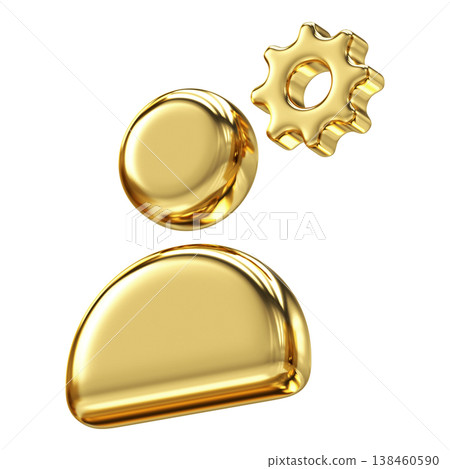Sophisticated 3D golden profile icon with gear symbol for administration and account settings, management dashboards and technical configuration Sophisticated 3D golden profile icon with gear symbol for administration and account settings, management dashboards and technical configuration 138460590