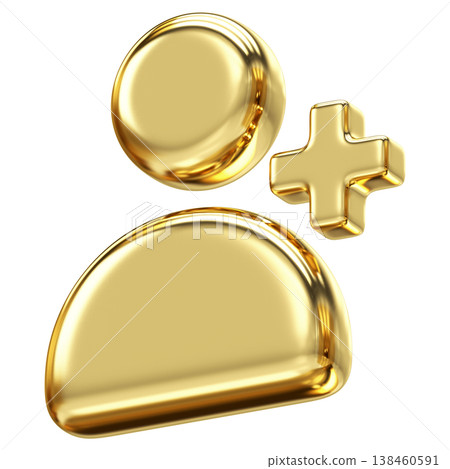 Stylish 3D golden user icon with plus sign for adding new members or friends, Bright metallic finish perfect for social networking, recruitment Stylish 3D golden user icon with plus sign for adding new members or friends, Bright metallic finish perfect for social networking, recruitment 138460591