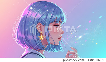 一位美麗女性的側臉被旋轉的星塵環繞（奇幻、社交媒體圖標、音樂專輯封面、背景圖片） 138460618