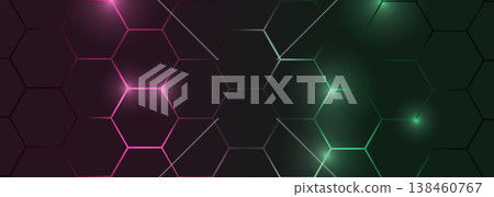 Dark hexagonal abstract technology background with pink and green colored bright flashes 138460767