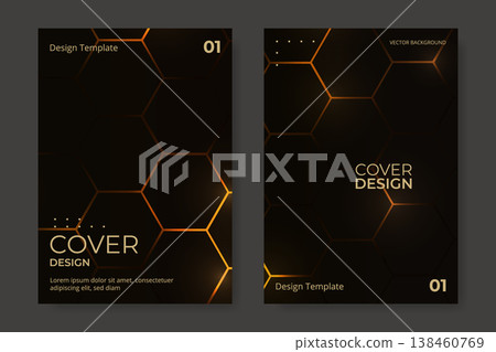 Cover design background vector set. Black and orange hexagonal brochure. Vertical orientation flyer design poster template. Cover design background vector set. Black and orange hexagonal brochure. Vertical orientation flyer design poster template. 138460769