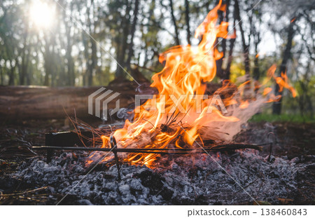 Enchanting Campfire Scene Showcasing Vibrant Flames Providing Heat - Expressive Image of Burning Bonfire, Displaying its Intense Heat and Hot Embers Enchanting Campfire Scene Showcasing Vibrant Flames Providing Heat - Expressive Image of Burning Bonfire, Displaying its Intense Heat and Hot Embers 138460843
