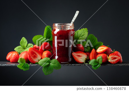 Strawberry jam and fresh berries on a black background. Strawberry jam and fresh berries on a black background. 138460878
