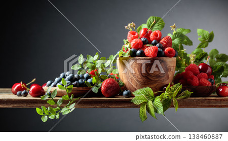 Berries closeup colorful assorted mix of strawberry, blueberry, raspberry and sweet cherry on a old wooden table. 138460887