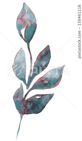 Hand painted watercolor twig with smoky teal leaves isolated illustration. Botanical element 138461116