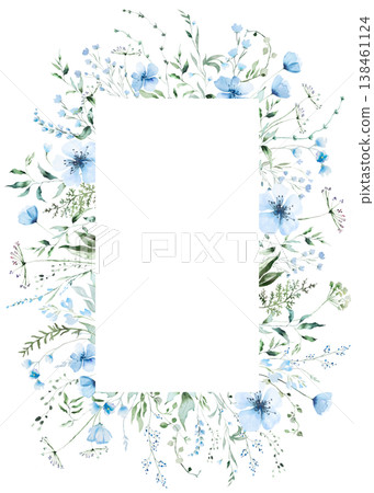 Rectangular floral frame with blue watercolor wildflowers and leaves, wedding illustration Rectangular floral frame with blue watercolor wildflowers and leaves, wedding illustration 138461124