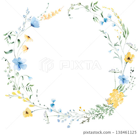 Round floral wreath with yellow and light blue watercolor wildflowers, spring wedding illustration Round floral wreath with yellow and light blue watercolor wildflowers, spring wedding illustration 138461125