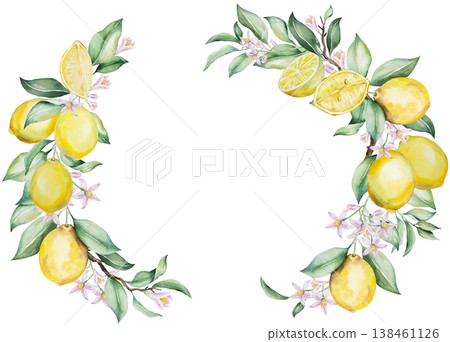 Watercolor oval wreath with yellow lemon fruits and green leaves. Mediterranean wedding stationery 138461126