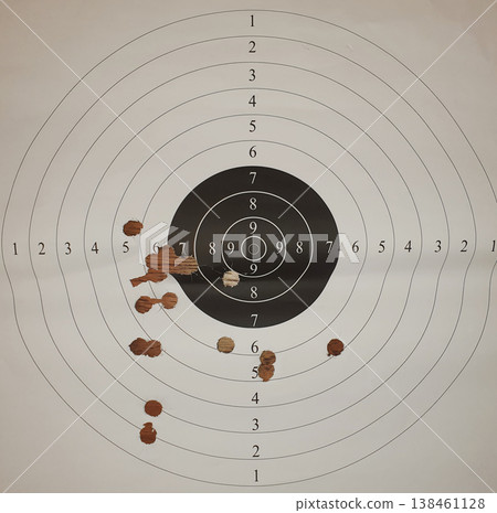 Paper shooting target with multiple bullet holes after practice. Concept of sports shooting, marksmanship training, firearms safety, and hitting the goal on a white background. 138461128
