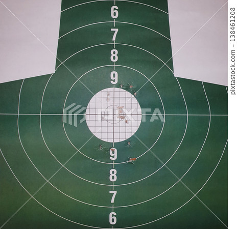Close-up of a green shooting target with a tight cluster of bullet holes in the white bullseye. Concept of perfect accuracy, professional marksmanship, and reaching the goal. Close-up of a green shooting target with a tight cluster of bullet holes in the white bullseye. Concept of perfect accuracy, professional marksmanship, and reaching the goal. 138461208