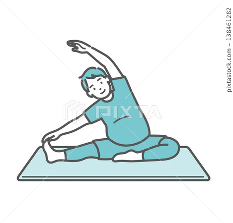 一幅插圖,描繪了一個胖乎乎的男人坐在地板上,臉上帶著笑容,正在做劈腿伸展運動。 一幅插圖,描繪了一個胖乎乎的男人坐在地板上,臉上帶著笑容,正在做劈腿伸展運動。 138461282