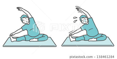 一組插圖,對比了一個面帶微笑的胖男人伸懶腰和一個掙扎的胖男人。 一組插圖,對比了一個面帶微笑的胖男人伸懶腰和一個掙扎的胖男人。 138461284