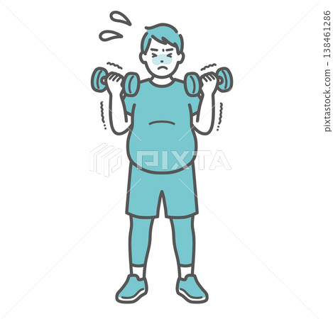 An illustration of a chubby man struggling with dumbbell training. 138461286