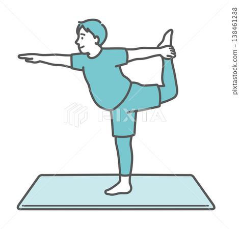 一幅插圖,描繪了一個身材圓潤的男人微笑地做瑜伽(舞者式)。 一幅插圖,描繪了一個身材圓潤的男人微笑地做瑜伽(舞者式)。 138461288