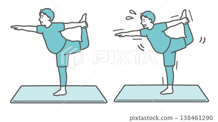 一組插圖對比了一位胖男人面帶微笑地做瑜珈（舞者姿勢）和一位胖男人努力做這些姿勢。 138461290