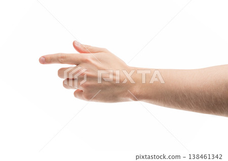 Adult man hand point or click gesture isolated on white background Adult man hand point or click gesture isolated on white background 138461342
