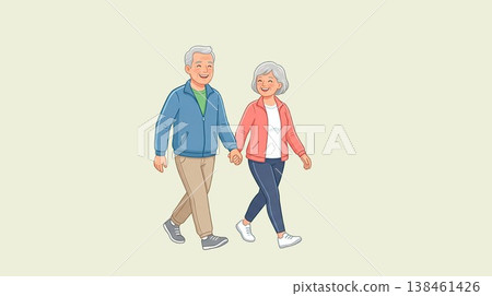 Happy senior couple walking and holding hands, elderly man and woman exercising together for healthy lifestyle Happy senior couple walking and holding hands, elderly man and woman exercising together for healthy lifestyle 138461426