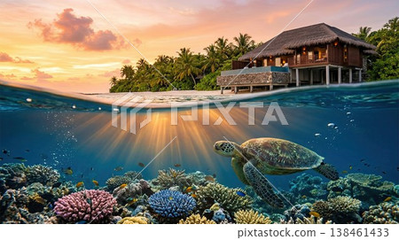 Split shot of luxury overwater villa at sunset and sea turtle swimming in coral reef, half underwater view of tropical resort and marine life. Split shot of luxury overwater villa at sunset and sea turtle swimming in coral reef, half underwater view of tropical resort and marine life. 138461433