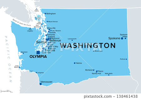State of Washington, political map. Often referred to as Washington State, located in the Pacific Northwest region of United States, with capital Olympia and largest city Seattle. Illustration. Vector State of Washington, political map. Often referred to as Washington State, located in the Pacific Northwest region of United States, with capital Olympia and largest city Seattle. Illustration. Vector 138461438