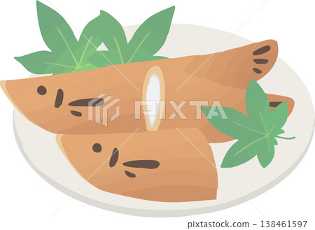 Illustration of young sweetfish (ayu confectionery) and green maple leaves | Elegant Japanese sweets for early summer 138461597