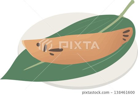 Illustration of a young sweetfish (ayu confection) placed on a plate and bamboo leaves | Early summer Japanese sweets material Illustration of a young sweetfish (ayu confection) placed on a plate and bamboo leaves | Early summer Japanese sweets material 138461600
