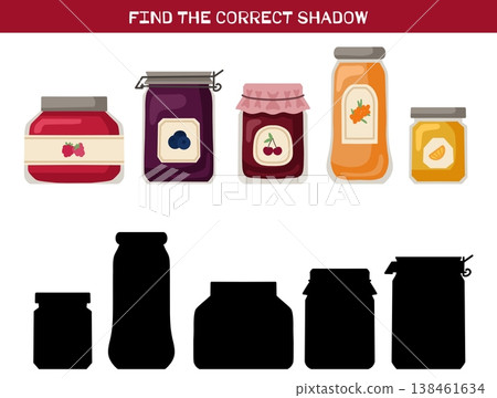 Educational game for children Find the correct shadow with jam jars and matching silhouettes below. Bright flat vector style for preschool worksheets 138461634