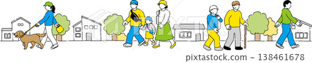 Illustration of a street scene and people walking. Illustration of a street scene and people walking. 138461678