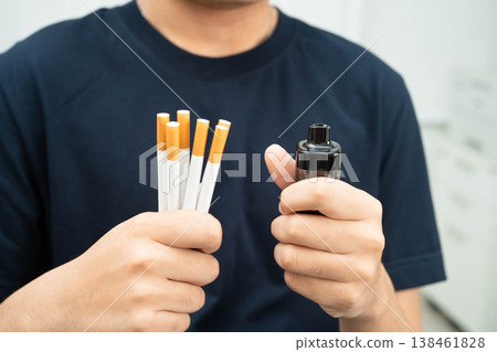 Man holding electronic cigarettes, no smoking. Man holding electronic cigarettes, no smoking. 138461828