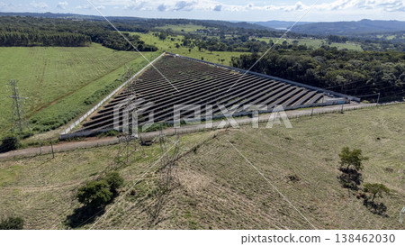 Aerial view of triangular solar panel farm in Atalaia 138462030
