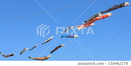 Carp streamers swimming in the blue sky; carp streamers, Tango no Sekku (Boys' Festival); black carp, red carp, baby carp Carp streamers swimming in the blue sky; carp streamers, Tango no Sekku (Boys' Festival); black carp, red carp, baby carp 138462279