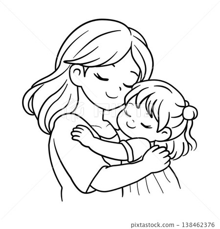 Cute mother hugging her daughter coloring page, happy Mother's Day concept outline illustration for kids educational worksheet activity. Cute mother hugging her daughter coloring page, happy Mother's Day concept outline illustration for kids educational worksheet activity. 138462376