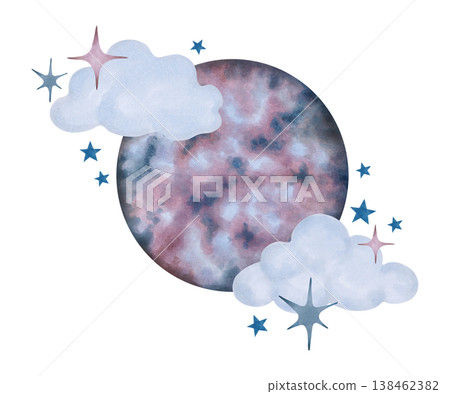 Composition of the moon with clouds, stars. The magic of the night sky. Watercolor illustration with a celestial theme for delicate night landscapes, baby shower cards, children posters. Hand drawn. Composition of the moon with clouds, stars. The magic of the night sky. Watercolor illustration with a celestial theme for delicate night landscapes, baby shower cards, children posters. Hand drawn. 138462382